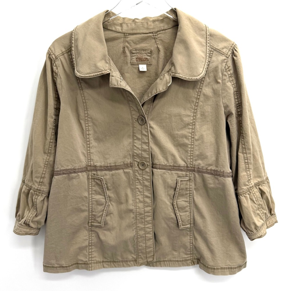 Y2K Casion Utility Jacket 3/4 Sleeve Size XL Green Button Front Back Tie Trim